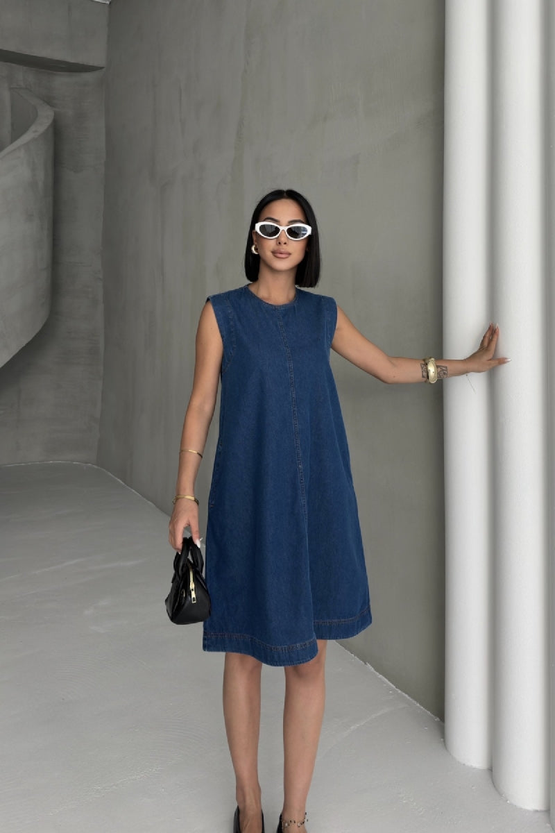 Kolsuz Cepli Oversize Elbise - Düz Koyu Rins - (S-XL-6) - 3