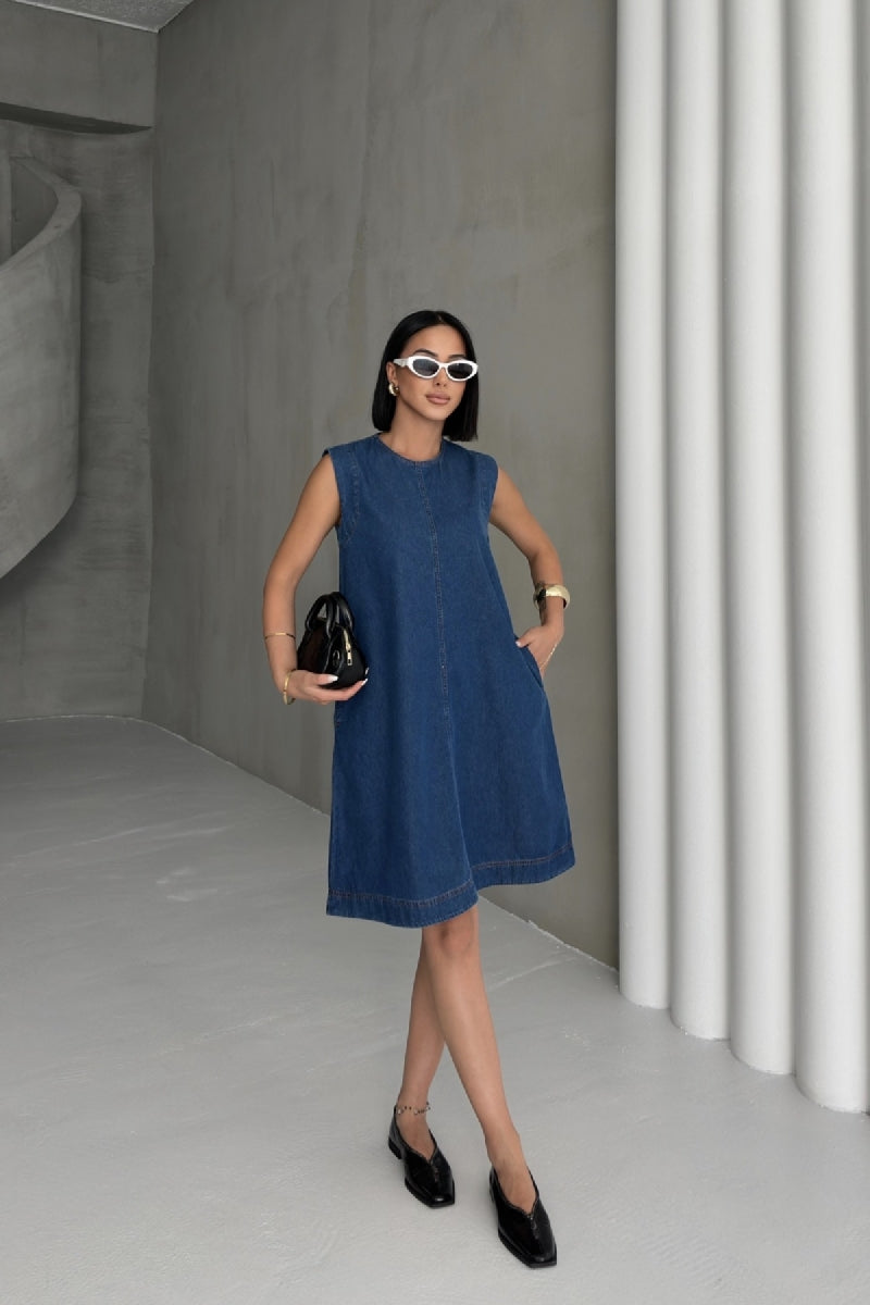 Kolsuz Cepli Oversize Elbise - Düz Koyu Rins - (S-XL-6) - 4
