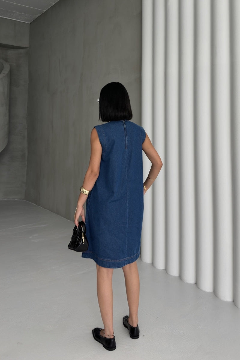 Kolsuz Cepli Oversize Elbise - Düz Koyu Rins - (S-XL-6) - 5