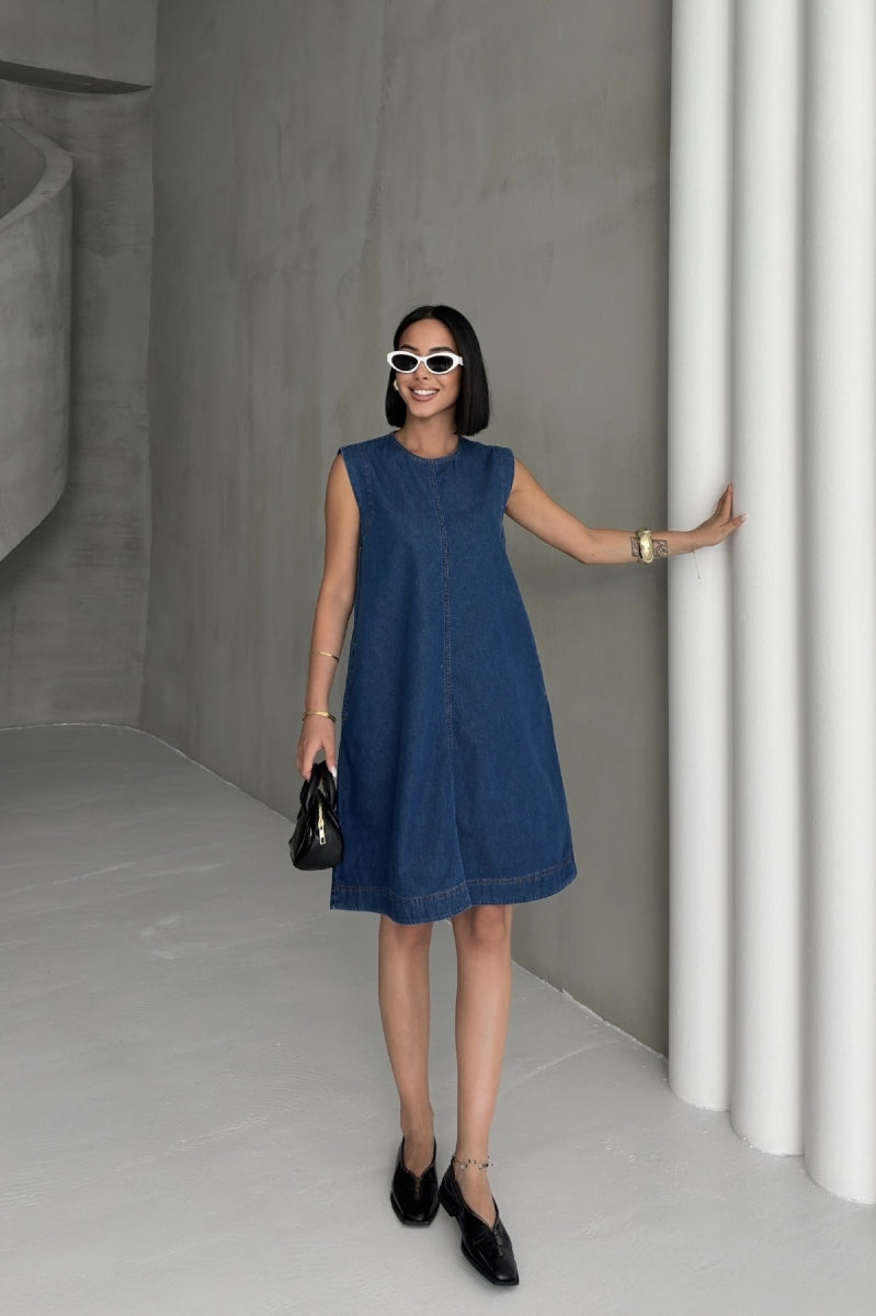 Kolsuz Cepli Oversize Elbise - Düz Koyu Rins - (S-XL-6) - 6