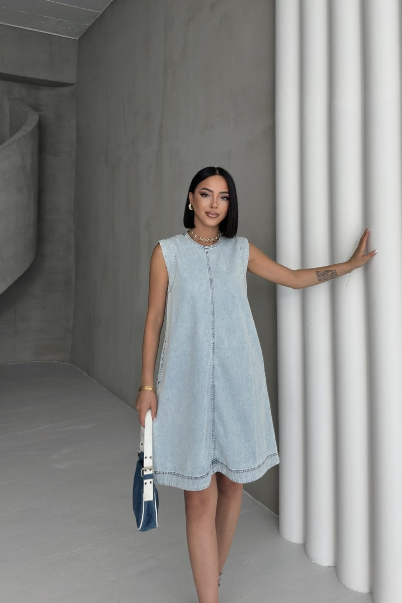 Kolsuz Cepli Oversize Elbise - Buz Mavisi ve Tintli - (S-XL-6) - 4