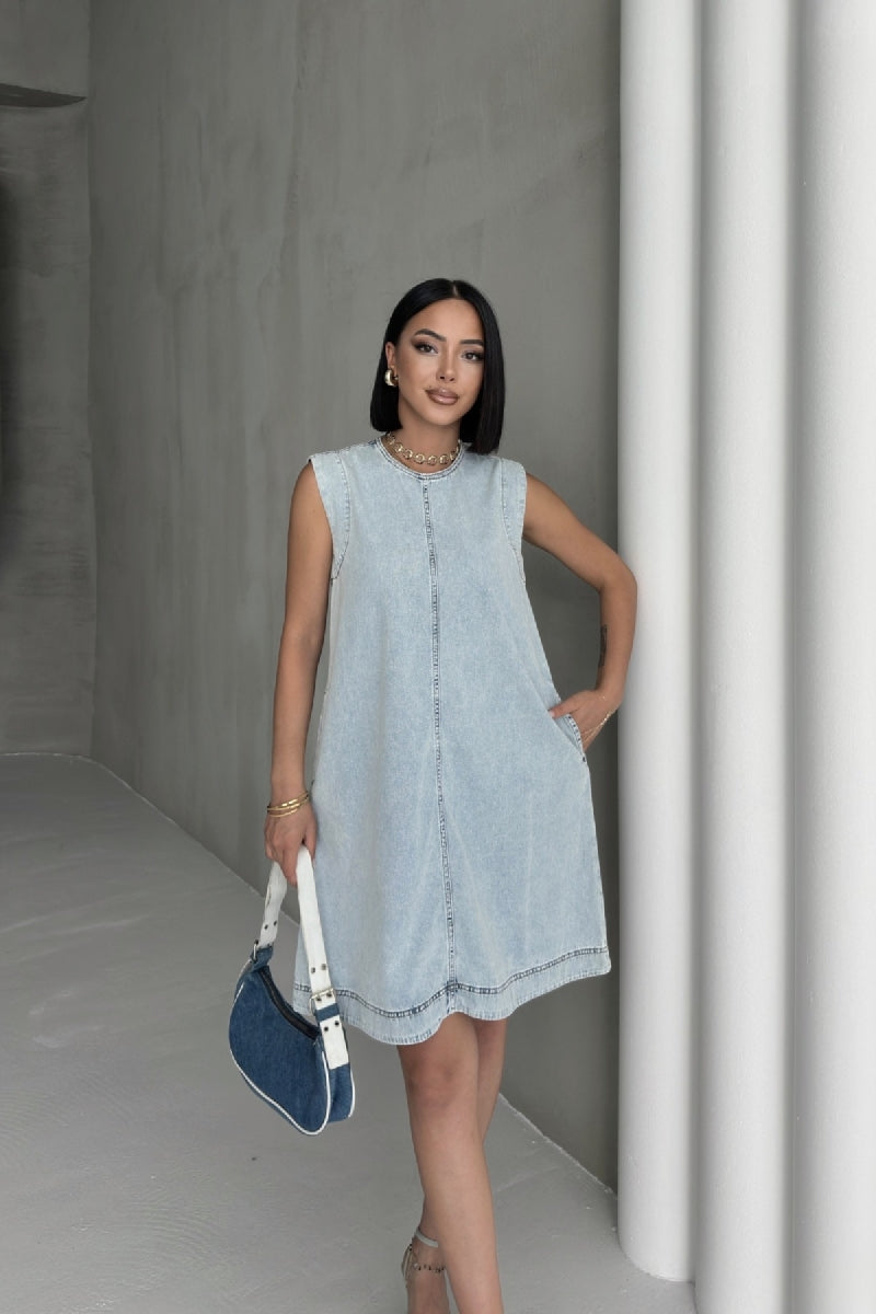 Kolsuz Cepli Oversize Elbise - Buz Mavisi ve Tintli - (S-XL-6) - 6