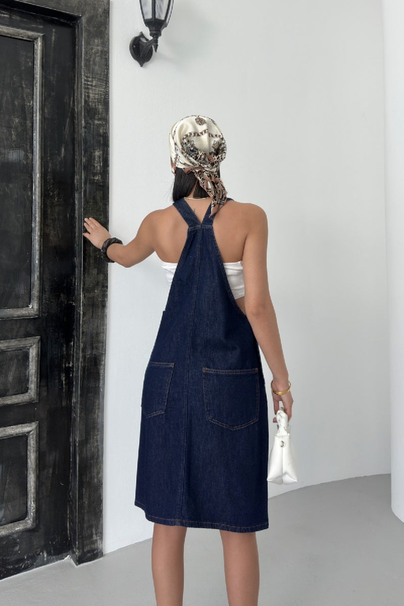 Askılı Salopet Elbise - Slaplı Lacivert - (S-XL) - 4