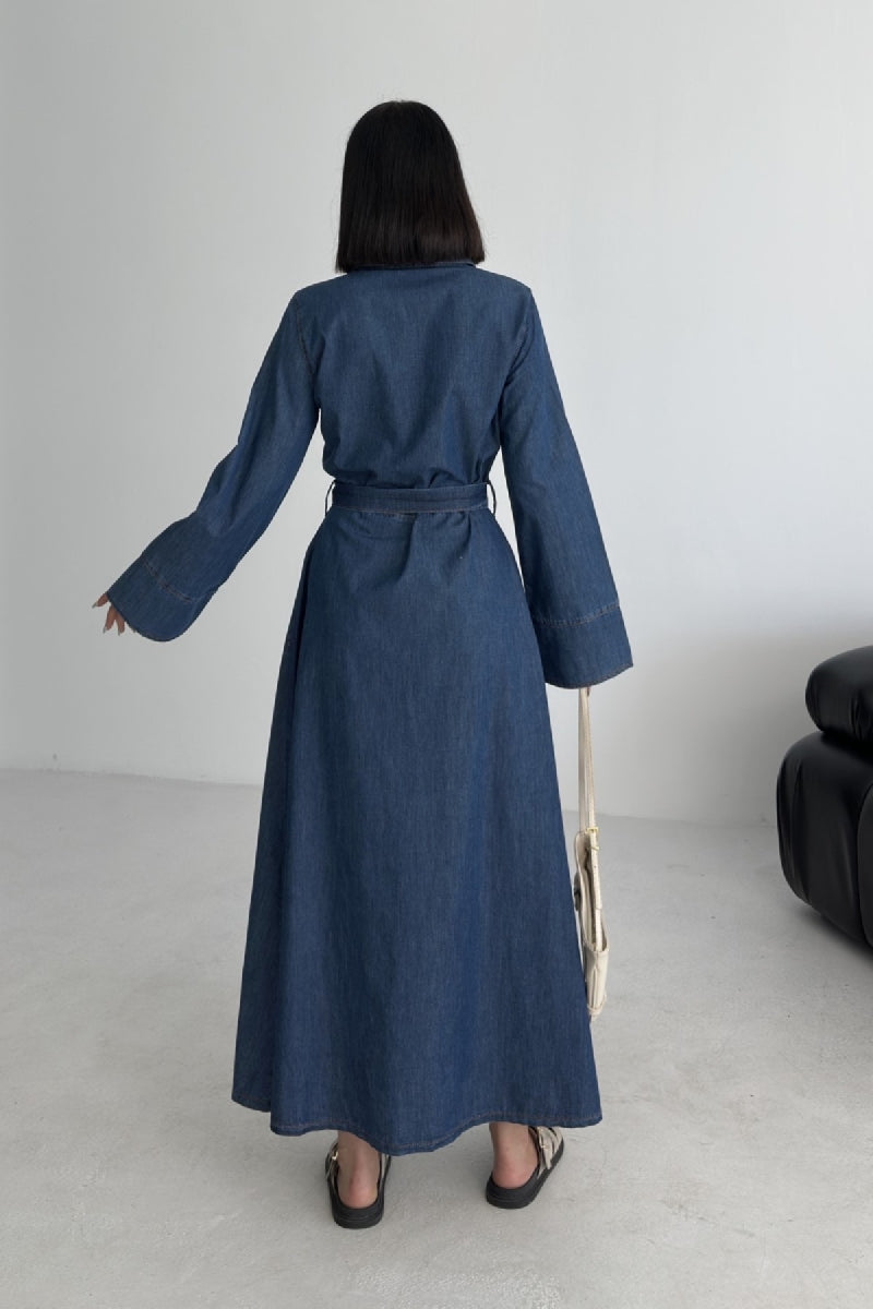 Düğmeli Uzun Boy Kot Elbise - Düz Koyu Rins - (S-XL) - 2