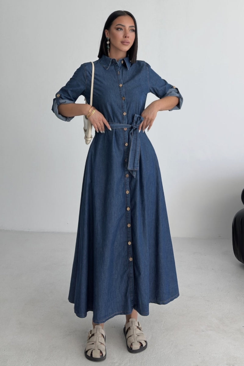 Düğmeli Uzun Boy Kot Elbise - Düz Koyu Rins - (S-XL) - 5