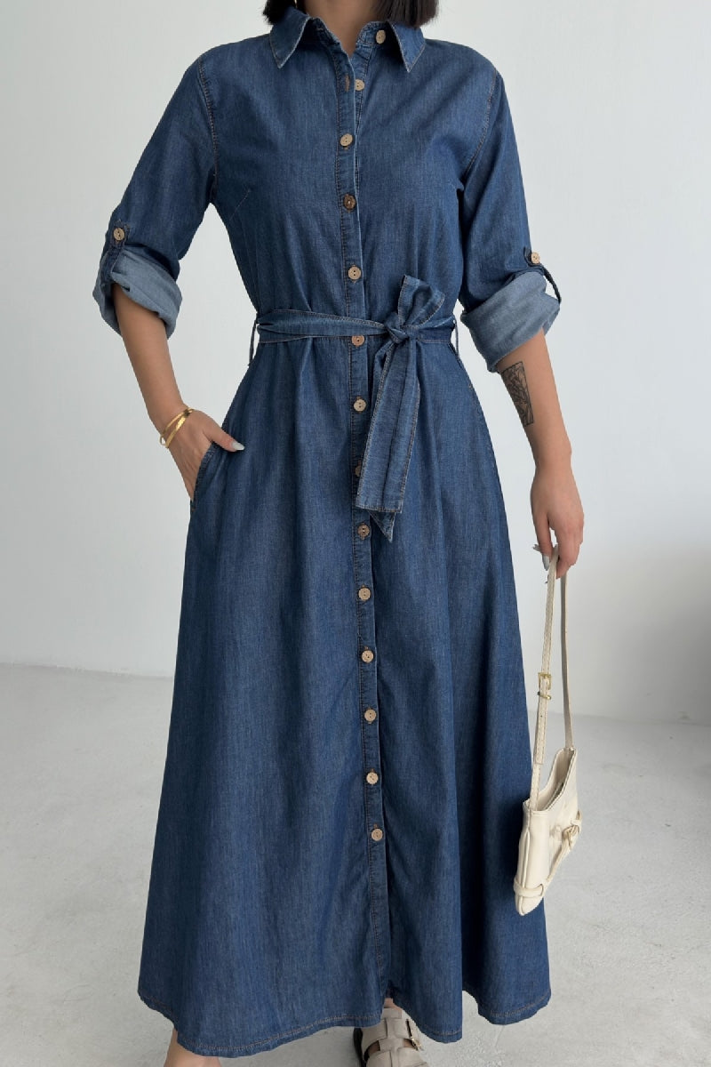 Düğmeli Uzun Boy Kot Elbise - Düz Koyu Rins - (S-XL) - 6