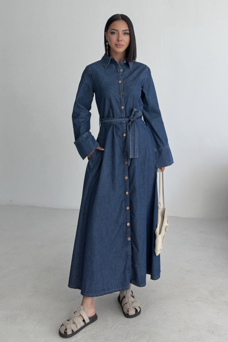 Düğmeli Uzun Boy Kot Elbise Düz Koyu Rins