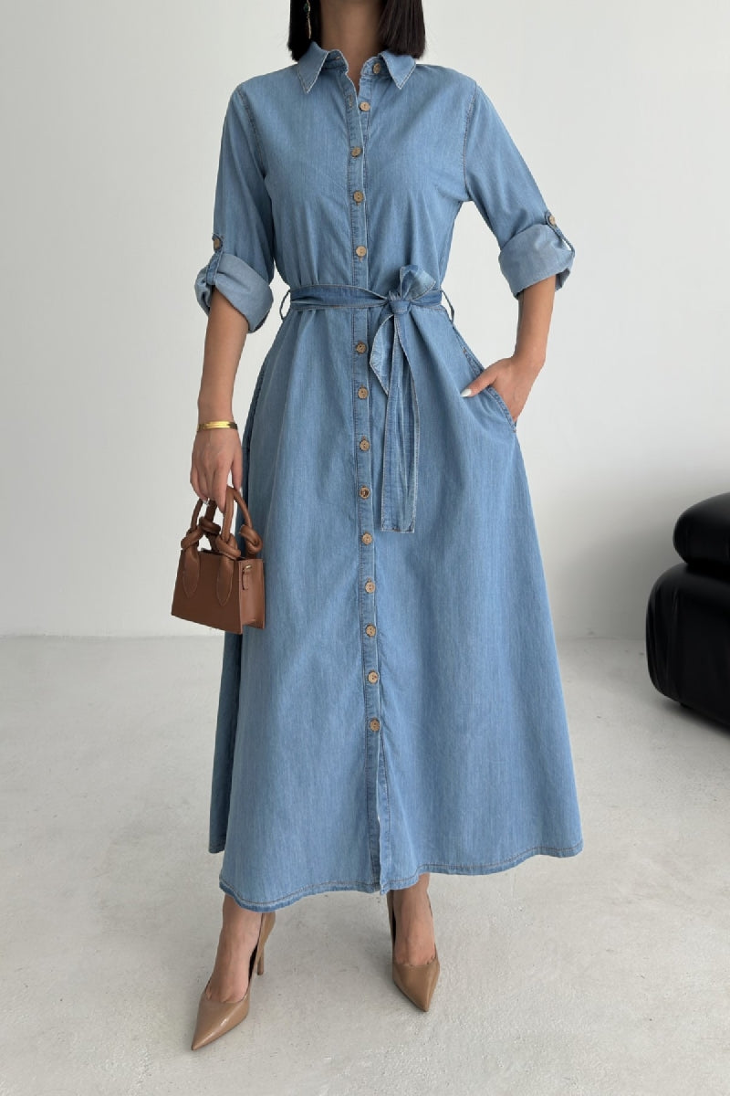 Düğmeli Uzun Boy Kot Elbise - Düz Orta Mavi Rins - (S-XL) - 6