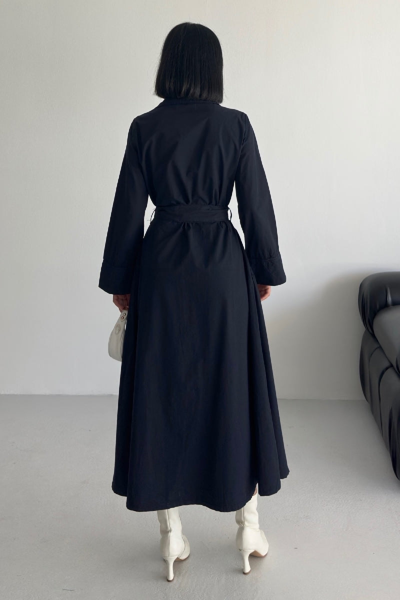 Düğmeli Uzun Boy Kot Elbise - Lacivert Renk - (S-XL) - 2