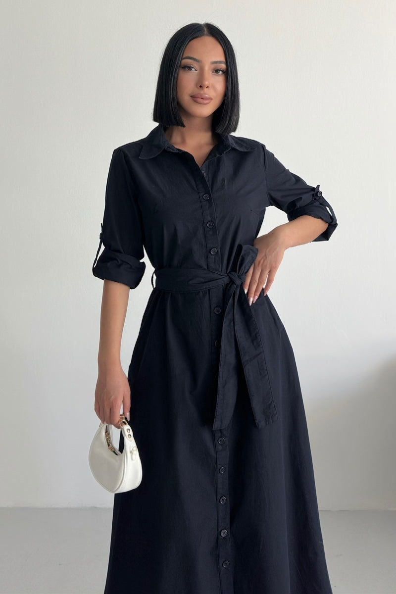 Düğmeli Uzun Boy Kot Elbise - Lacivert Renk - (S-XL) - 5