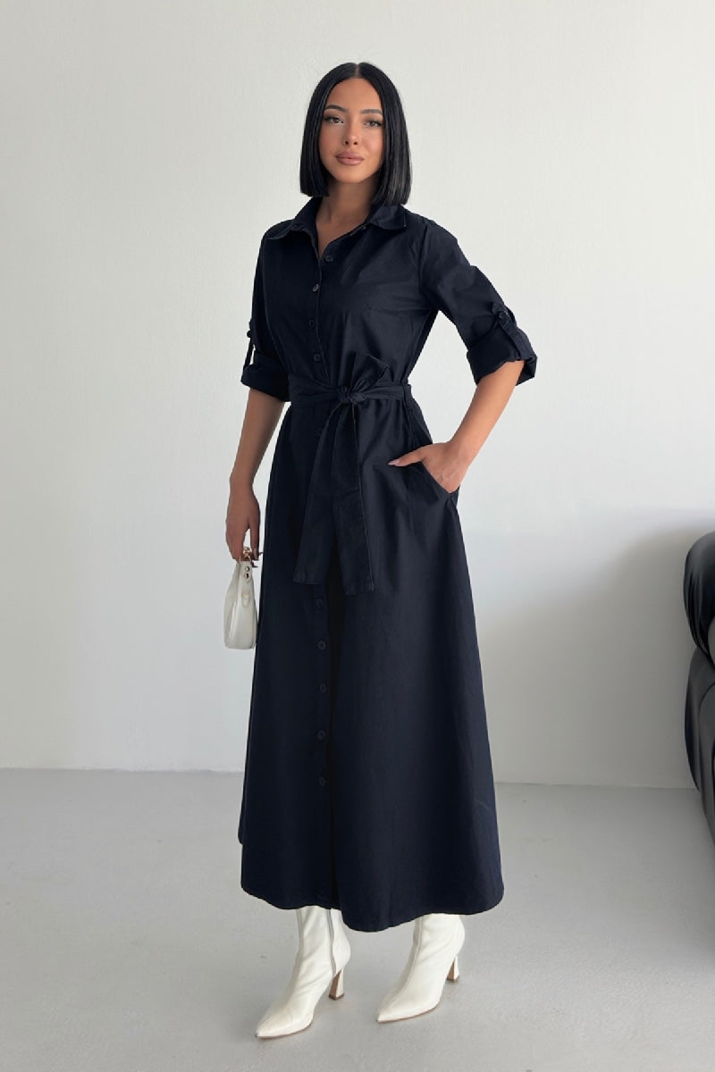 Düğmeli Uzun Boy Kot Elbise Lacivert Renk