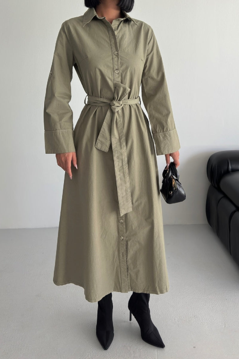 Düğmeli Uzun Boy Kot Elbise - Yeşil - (S-XL) - 3