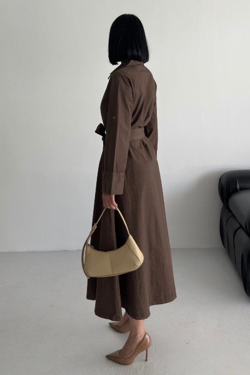 Düğmeli Uzun Boy Kot Elbise - Kahverengi - (S-XL) - 4