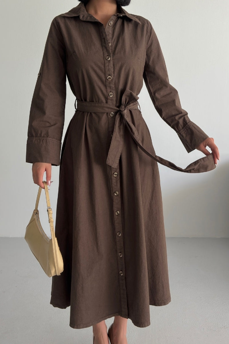 Düğmeli Uzun Boy Kot Elbise - Kahverengi - (S-XL) - 6