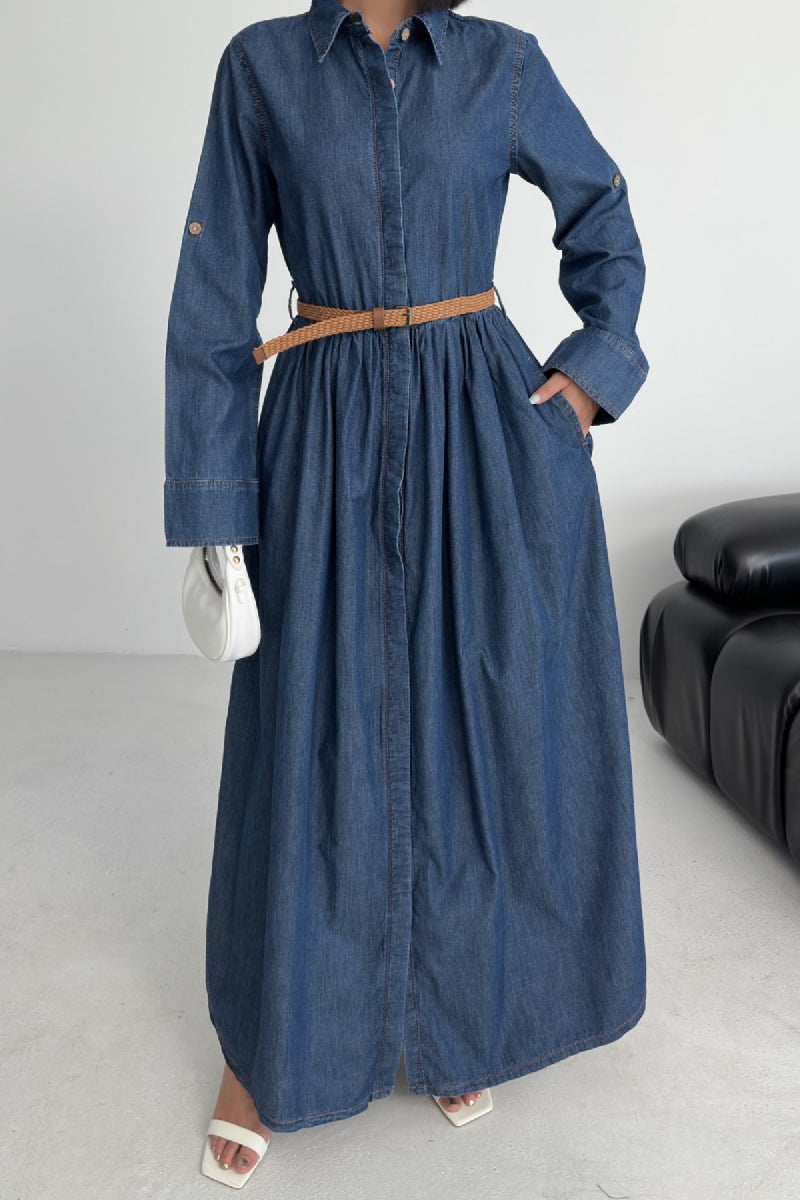 Büzgü Detaylı Uzun Kot Elbise - Düz Koyu Rins - (S-XL) - 3
