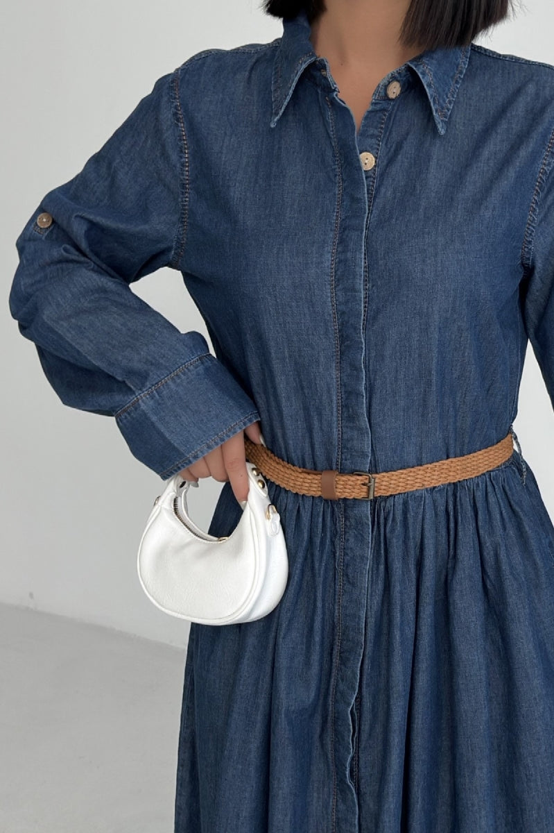 Büzgü Detaylı Uzun Kot Elbise - Düz Koyu Rins - (S-XL) - 4
