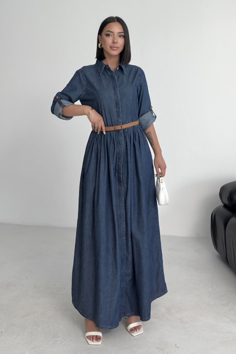 Büzgü Detaylı Uzun Kot Elbise - Düz Koyu Rins - (S-XL) - 6