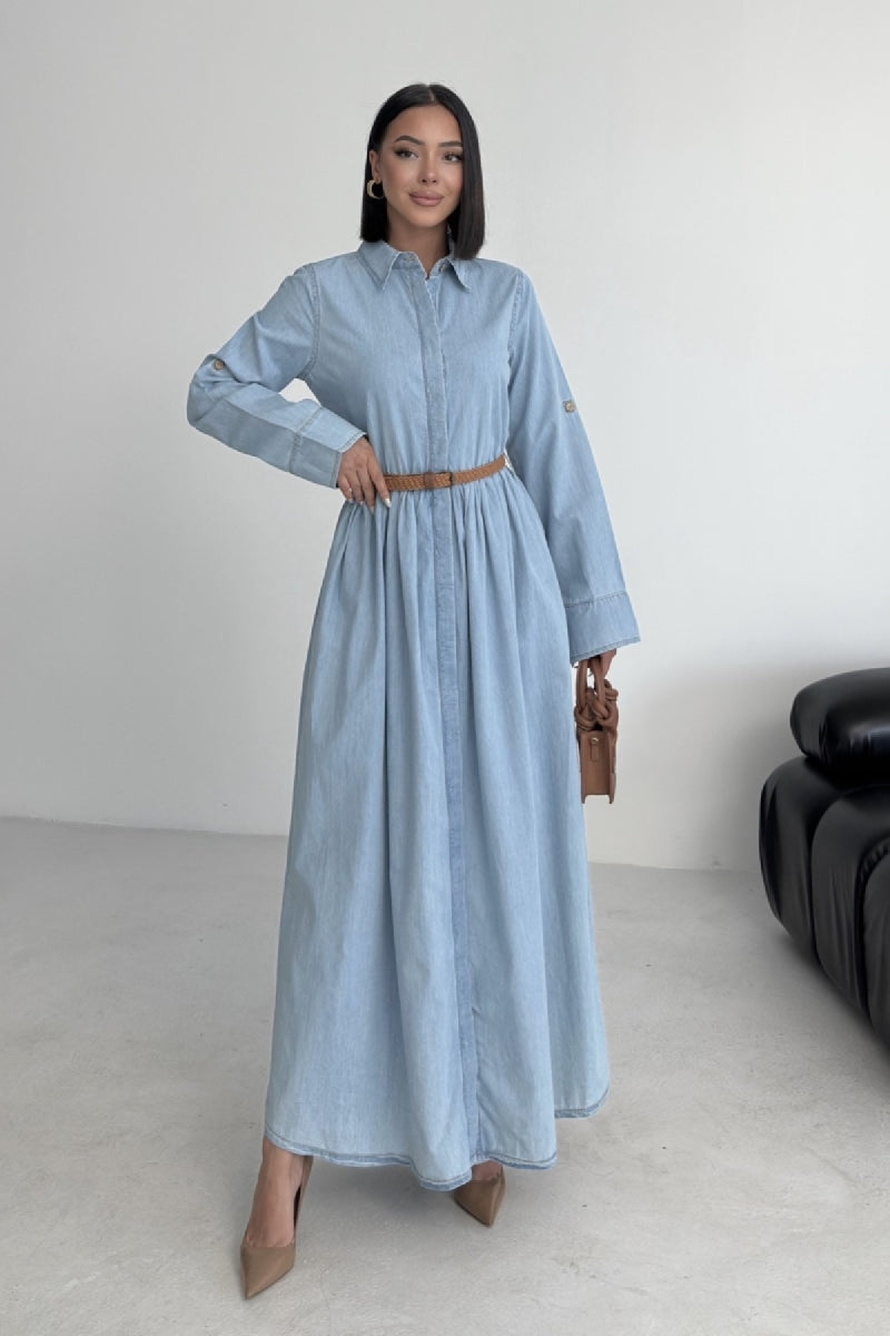 Büzgü Detaylı Uzun Kot Elbise - Buz Mavisi ve Tintli - (S-XL) - 2