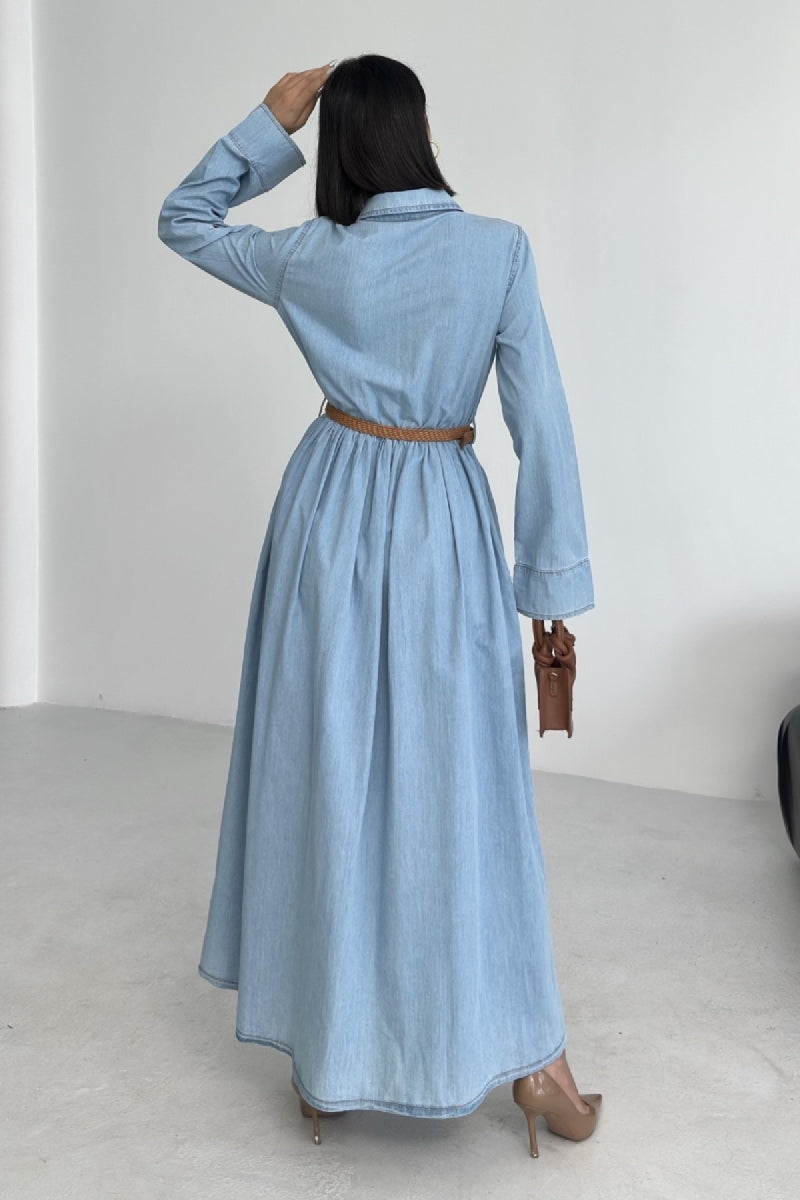 Büzgü Detaylı Uzun Kot Elbise - Buz Mavisi ve Tintli - (S-XL) - 3