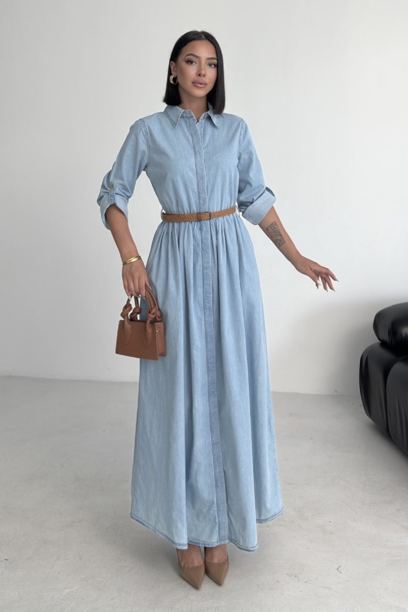 Büzgü Detaylı Uzun Kot Elbise - Buz Mavisi ve Tintli - (S-XL) - 4