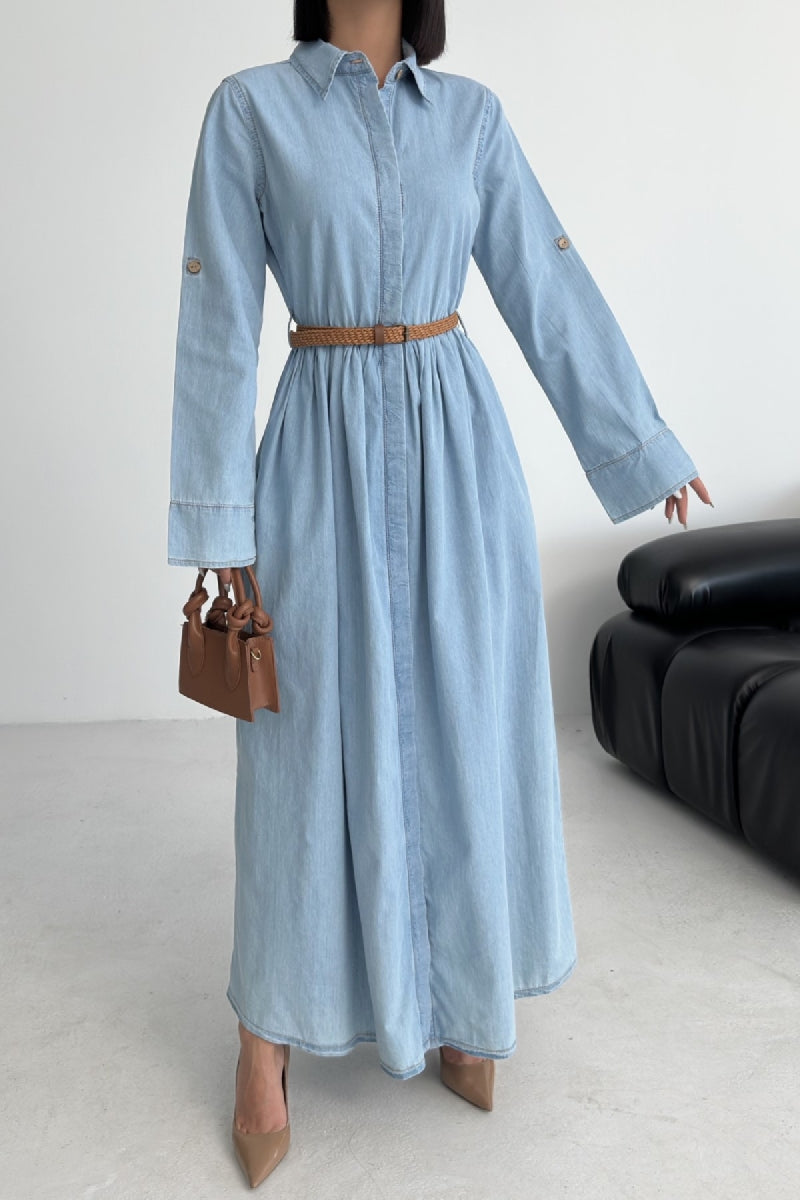 Büzgü Detaylı Uzun Kot Elbise - Buz Mavisi ve Tintli - (S-XL) - 5