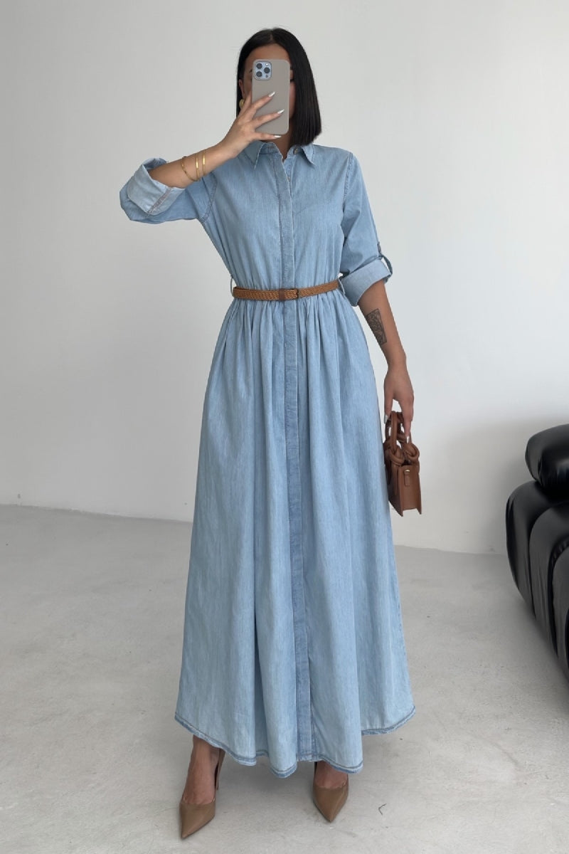 Büzgü Detaylı Uzun Kot Elbise - Buz Mavisi ve Tintli - (S-XL) - 6