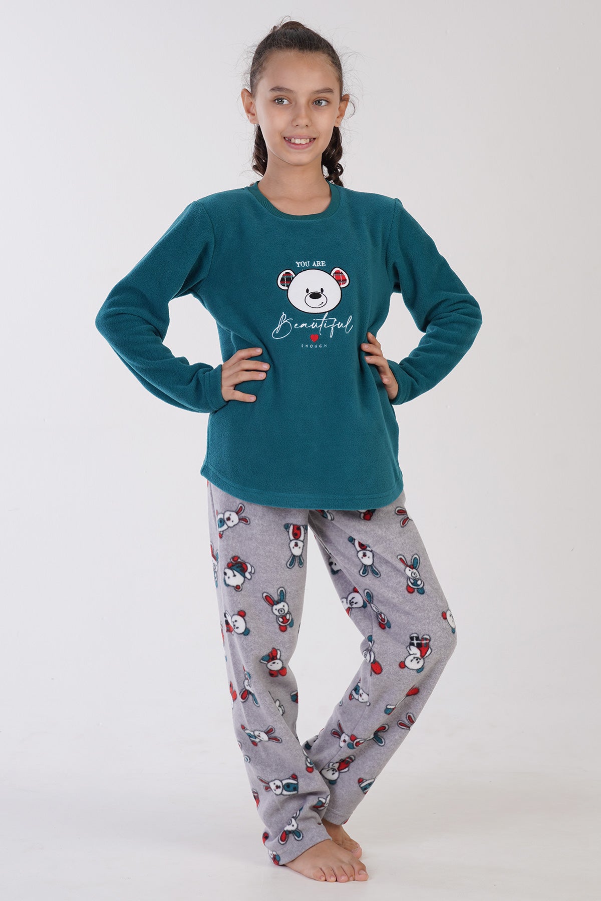 KIZ COCUK POLAR O YAKA UZUN KOL ETEGI OVAL PIJAMA TAKIM(9-10/15-16) - PETROL
