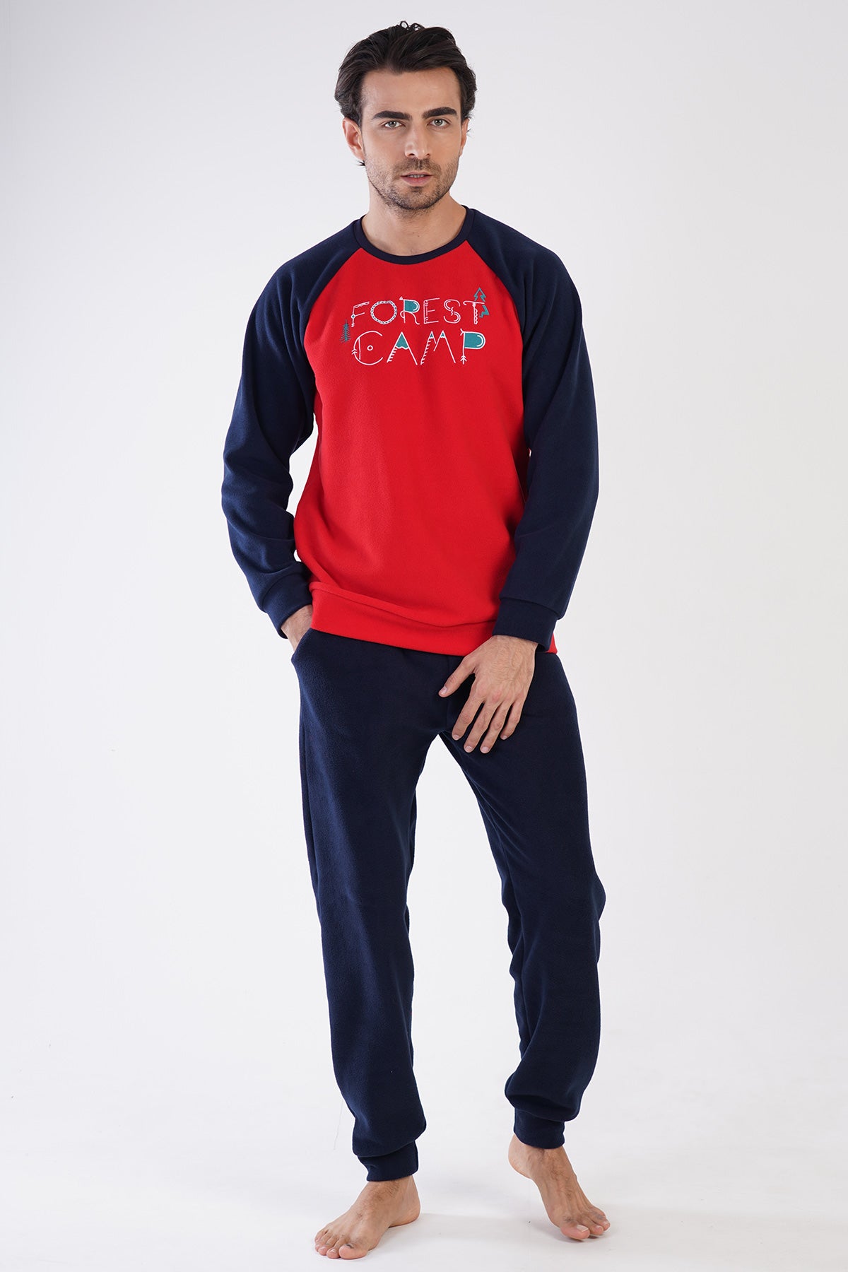 CEPLI ERKEK POLAR O YAKA UZUN KOL MANSETLI PIJAMA TAKIM