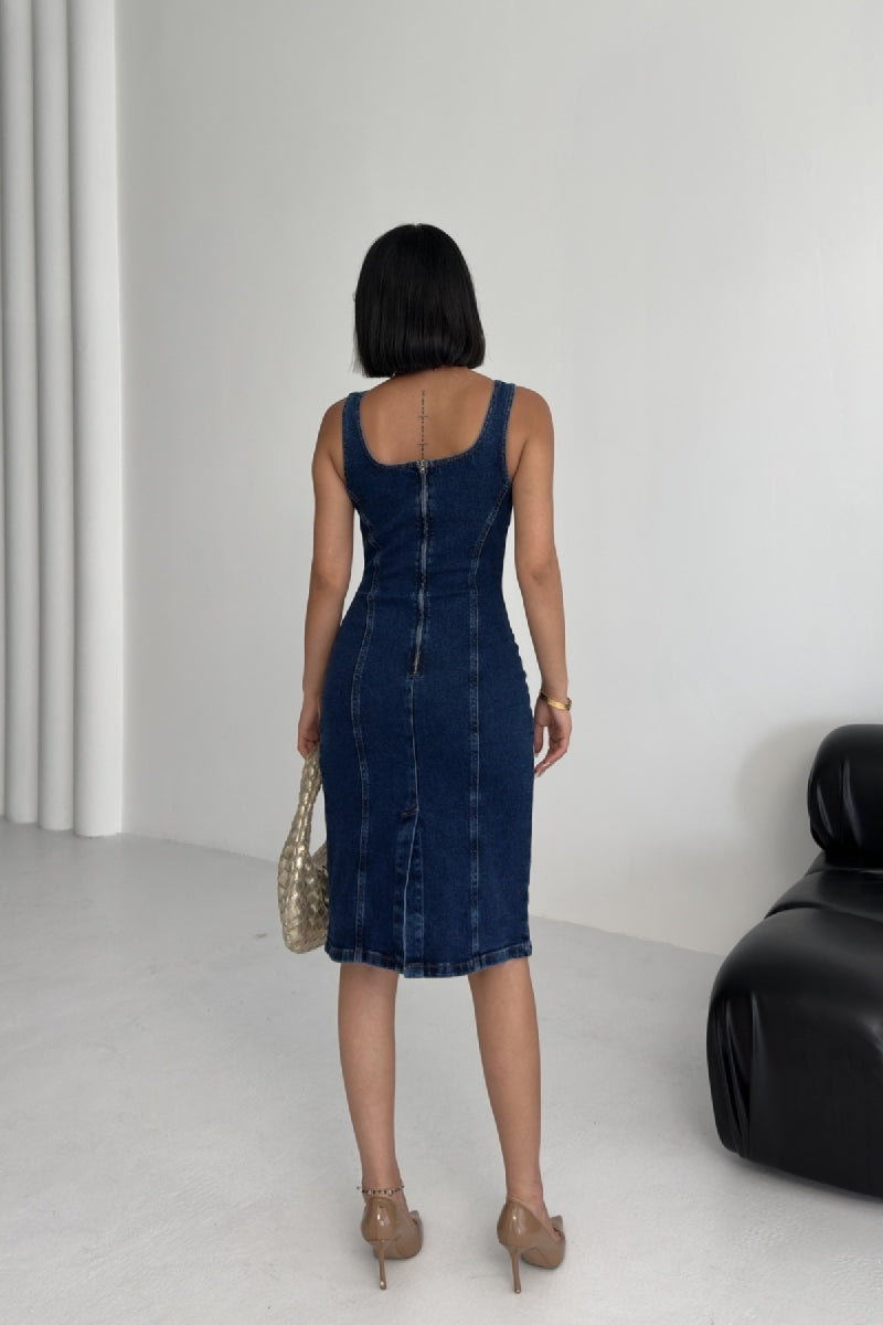 Askılı Fermuarlı Midi Elbise - Düz Koyu Rins - (S-XL) - 3