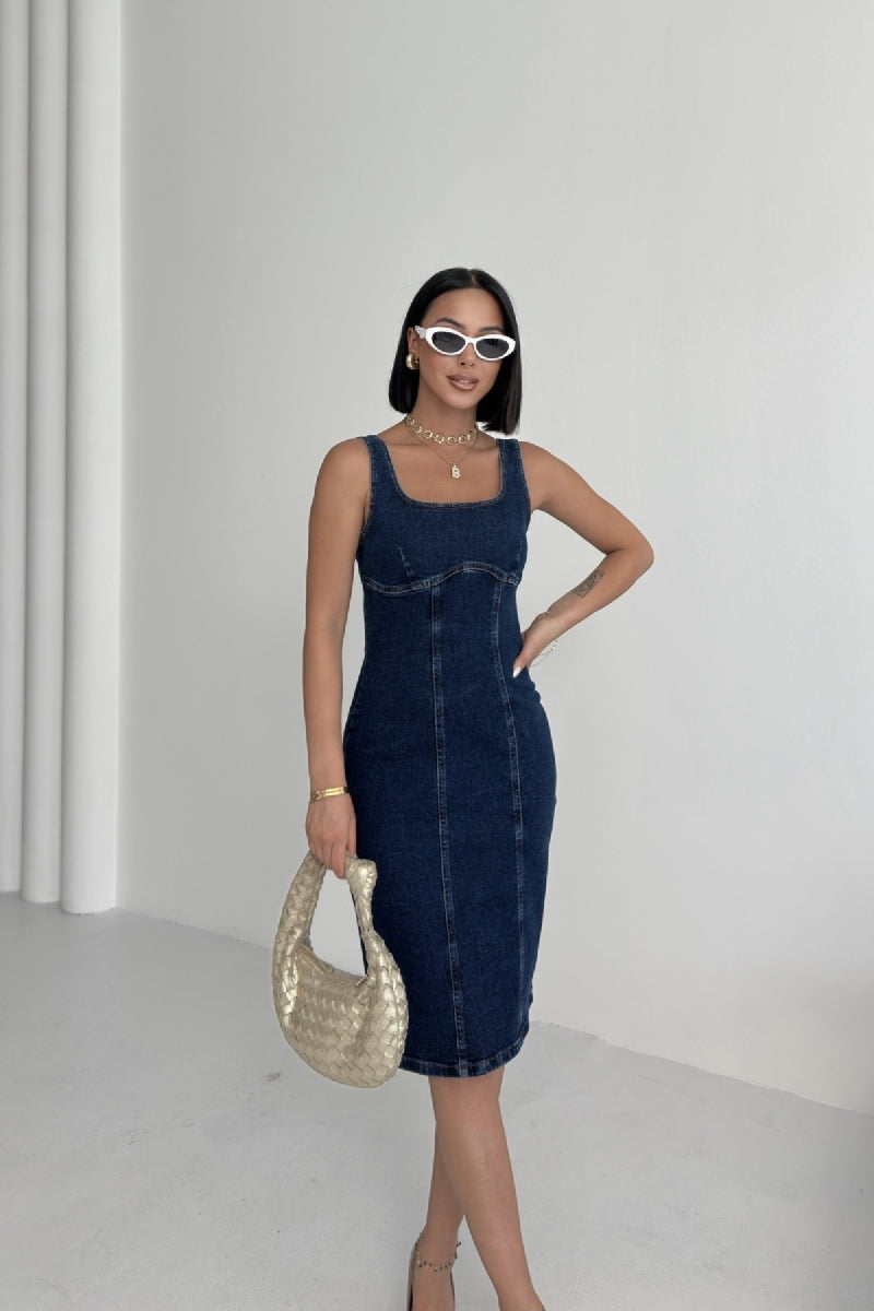 Askılı Fermuarlı Midi Elbise - Düz Koyu Rins - (S-XL) - 6
