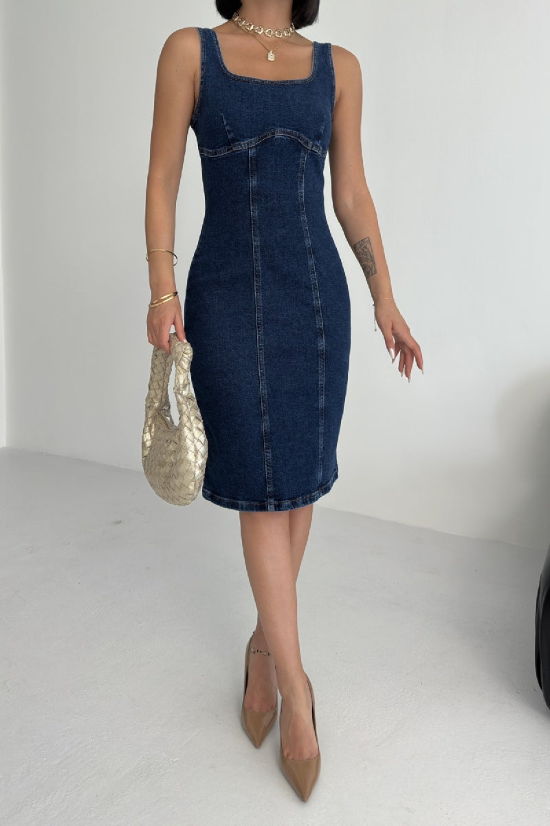 Askılı Fermuarlı Midi Elbise Düz Koyu Rins