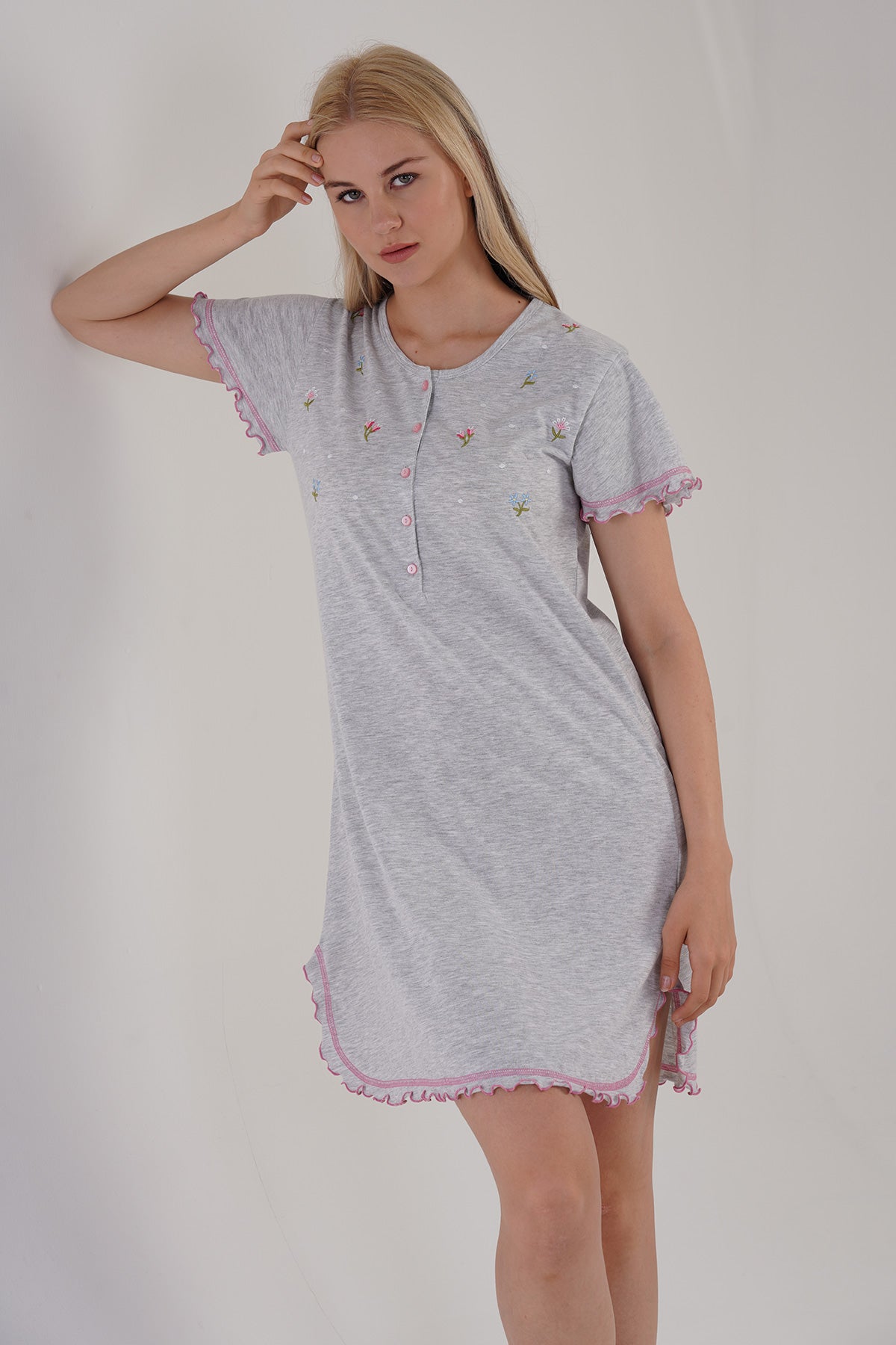 KADIN P.SUPREM PATLI KISA KOL ETEGI OVAL BIBILALI TUNIK - GRAY MELANGE