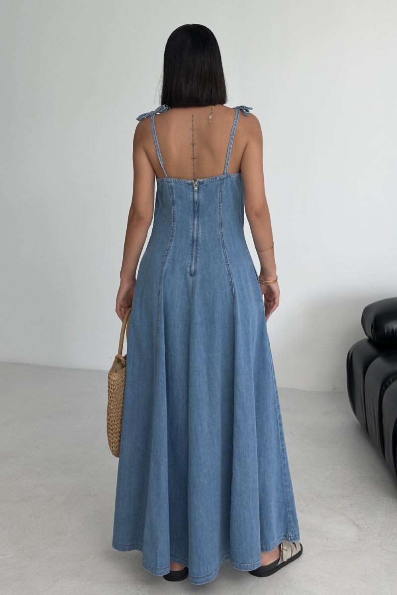 Bağcık Detaylı Volanlı Elbise - Orta Mavi - (S-XL) - 3
