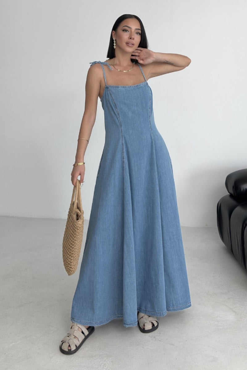 Bağcık Detaylı Volanlı Elbise - Orta Mavi - (S-XL) - 4