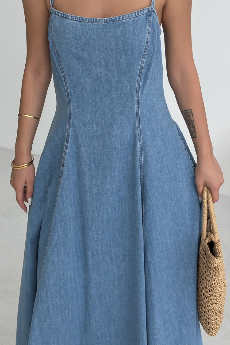 Bağcık Detaylı Volanlı Elbise - Orta Mavi - (S-XL) - 5