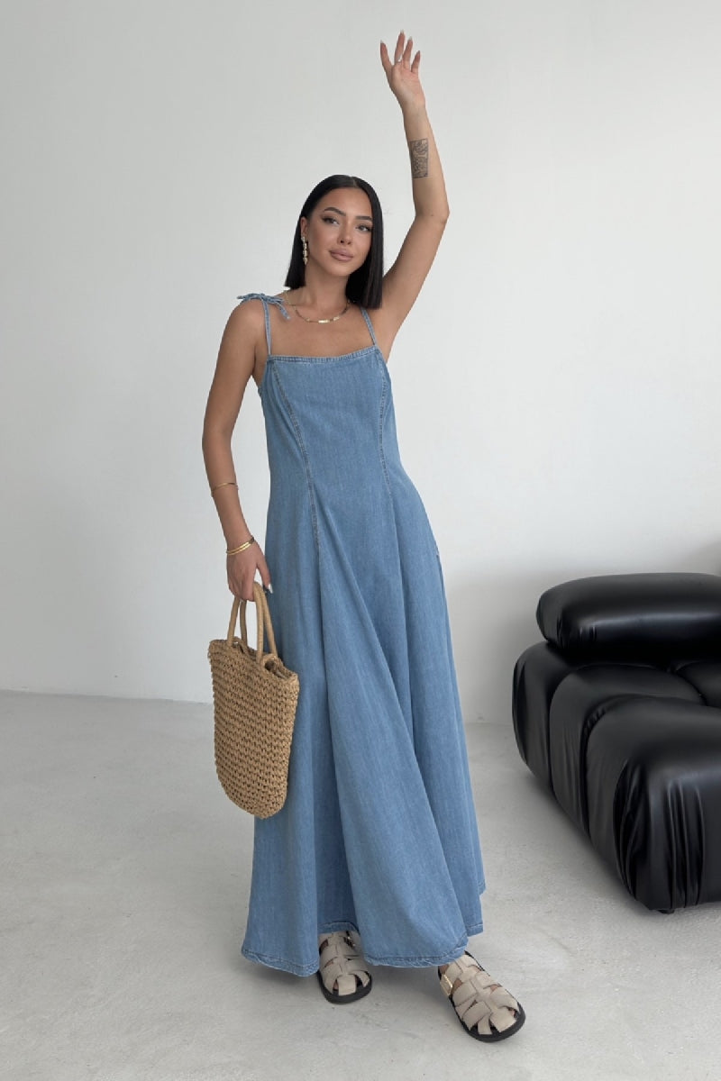 Bağcık Detaylı Volanlı Elbise - Orta Mavi - (S-XL) - 6
