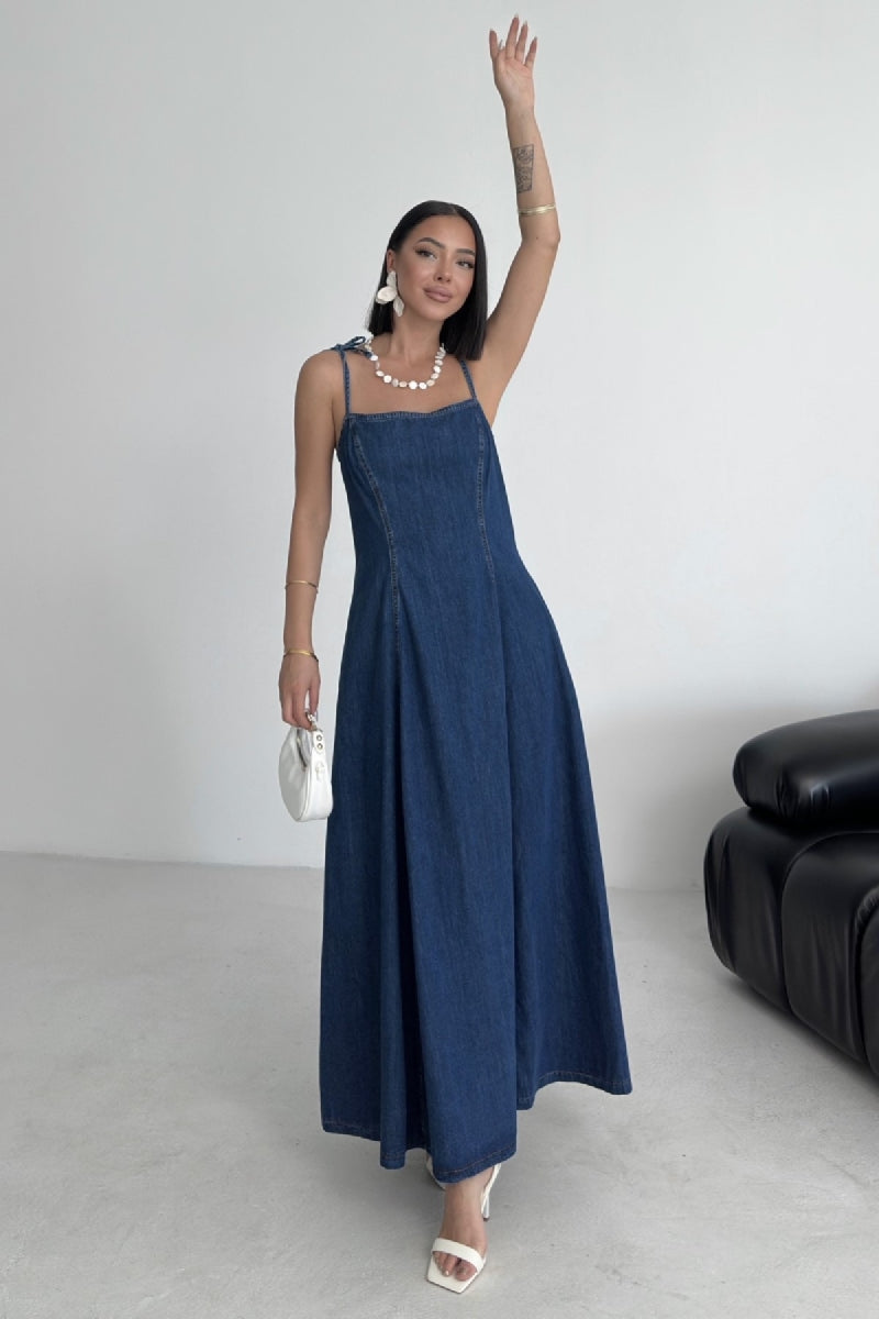 Bağcık Detaylı Volanlı Elbise - Düz Koyu Rins - (S-XL) - 4