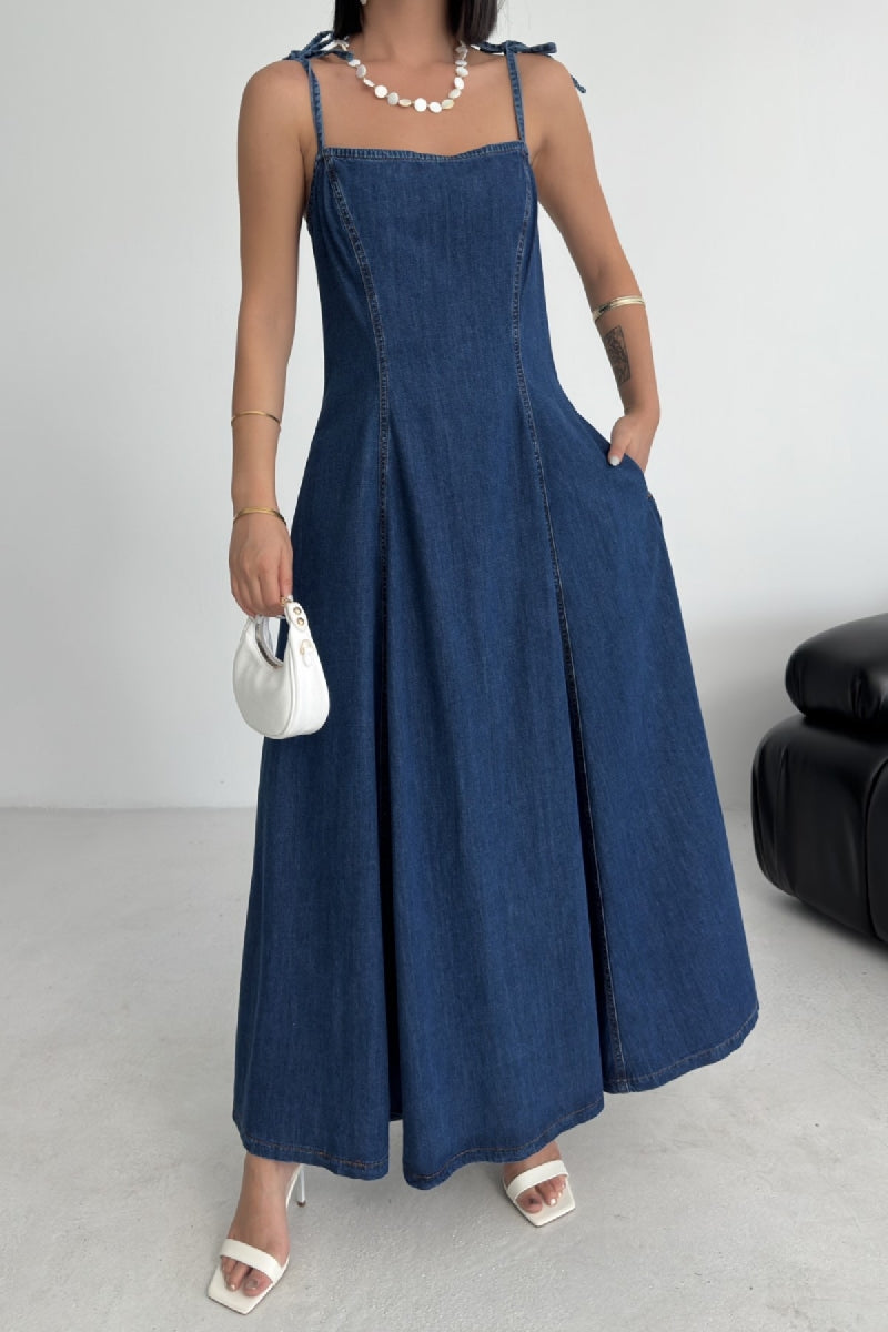 Bağcık Detaylı Volanlı Elbise - Düz Koyu Rins - (S-XL) - 5