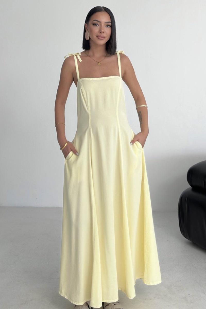 Bağcık Detaylı Volanlı Elbise - Açık Sarı - (S-XL) - 3