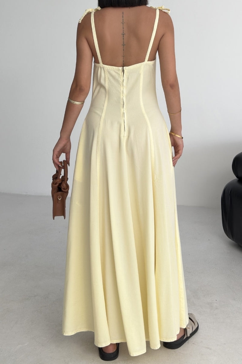 Bağcık Detaylı Volanlı Elbise - Açık Sarı - (S-XL) - 4