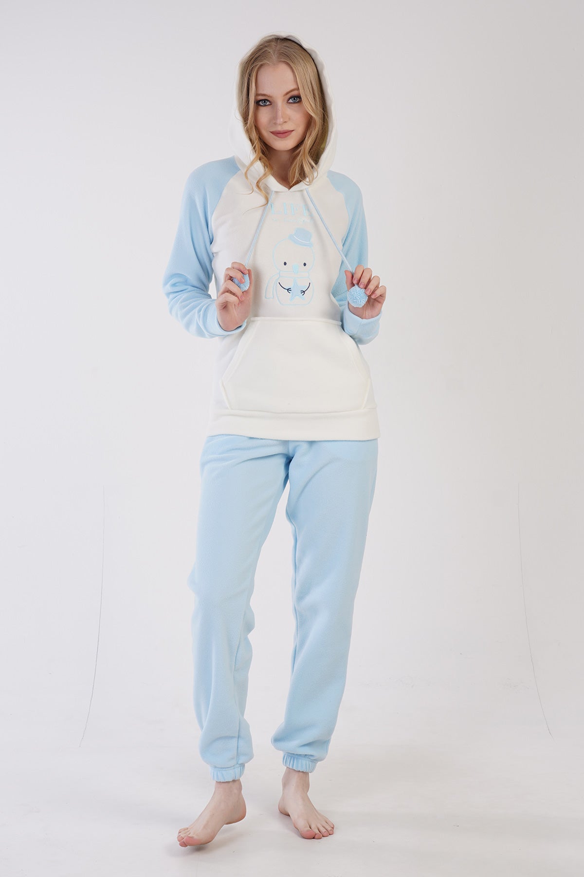 KADIN POLAR KAPSONLU REGLAN UZUN KOL KANGURU CEPLI PACASI BUZGULU MANSETLI CEPLI PIJAMA TAKIM - MAVI