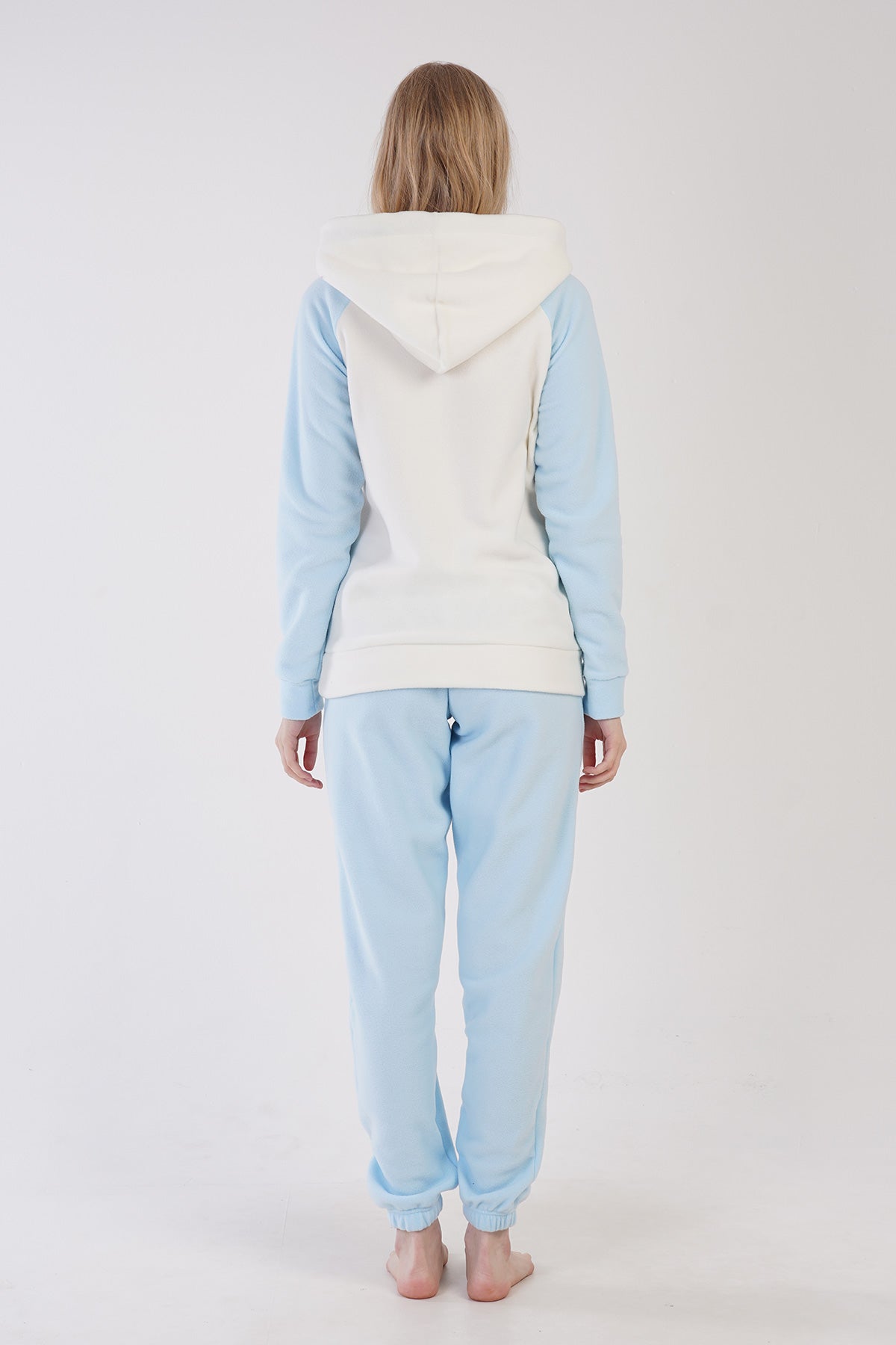 KADIN POLAR KAPSONLU REGLAN UZUN KOL KANGURU CEPLI PACASI BUZGULU MANSETLI CEPLI PIJAMA TAKIM - MAVI