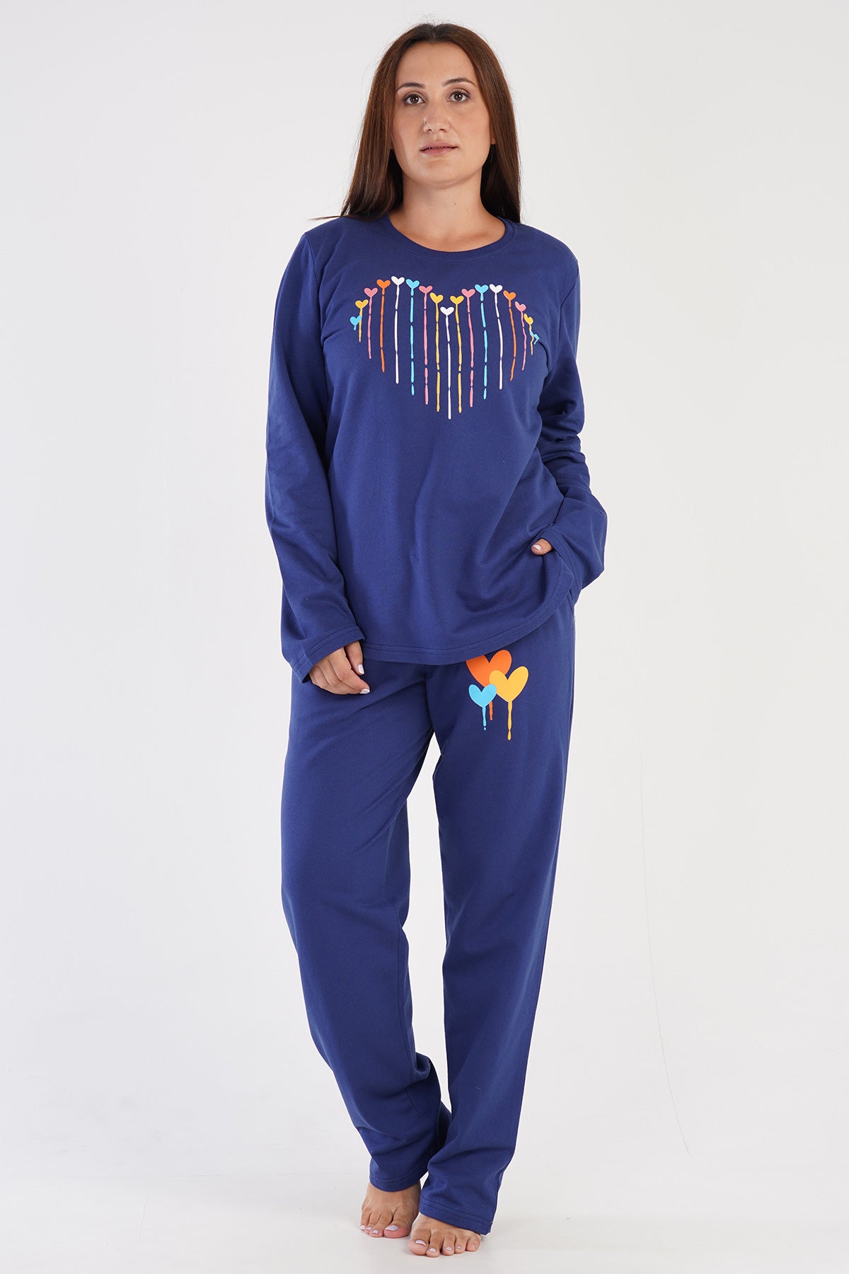 KADIN 2IPLIK XXL O YAKA UZUN KOL ETEGI OVAL CEPLI PIJAMA TAKIM - 1193INDIGO