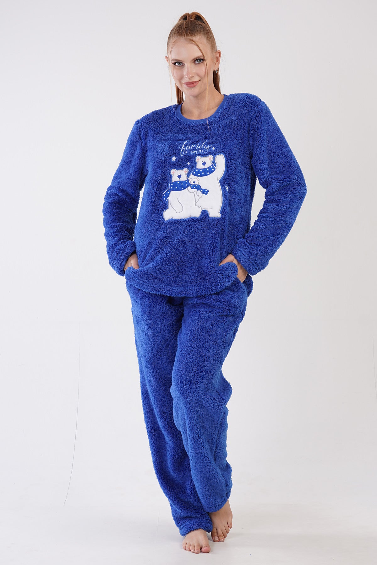 KADIN WELSOFT O YAKA UZUN KOL ETEGI OVAL CEPLI PIJAMA TAKIM - INDIGO