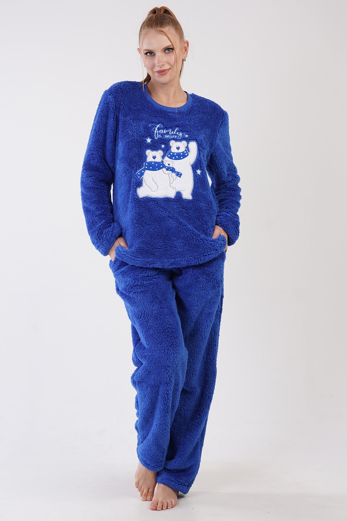 KADIN WELSOFT O YAKA UZUN KOL ETEGI OVAL CEPLI PIJAMA TAKIM - INDIGO