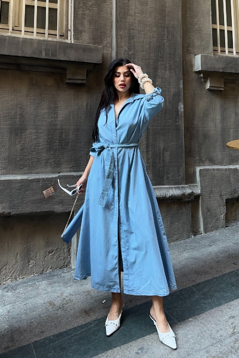 Midi Boy Elbise - Orta Mavi - (S-XL) - 5