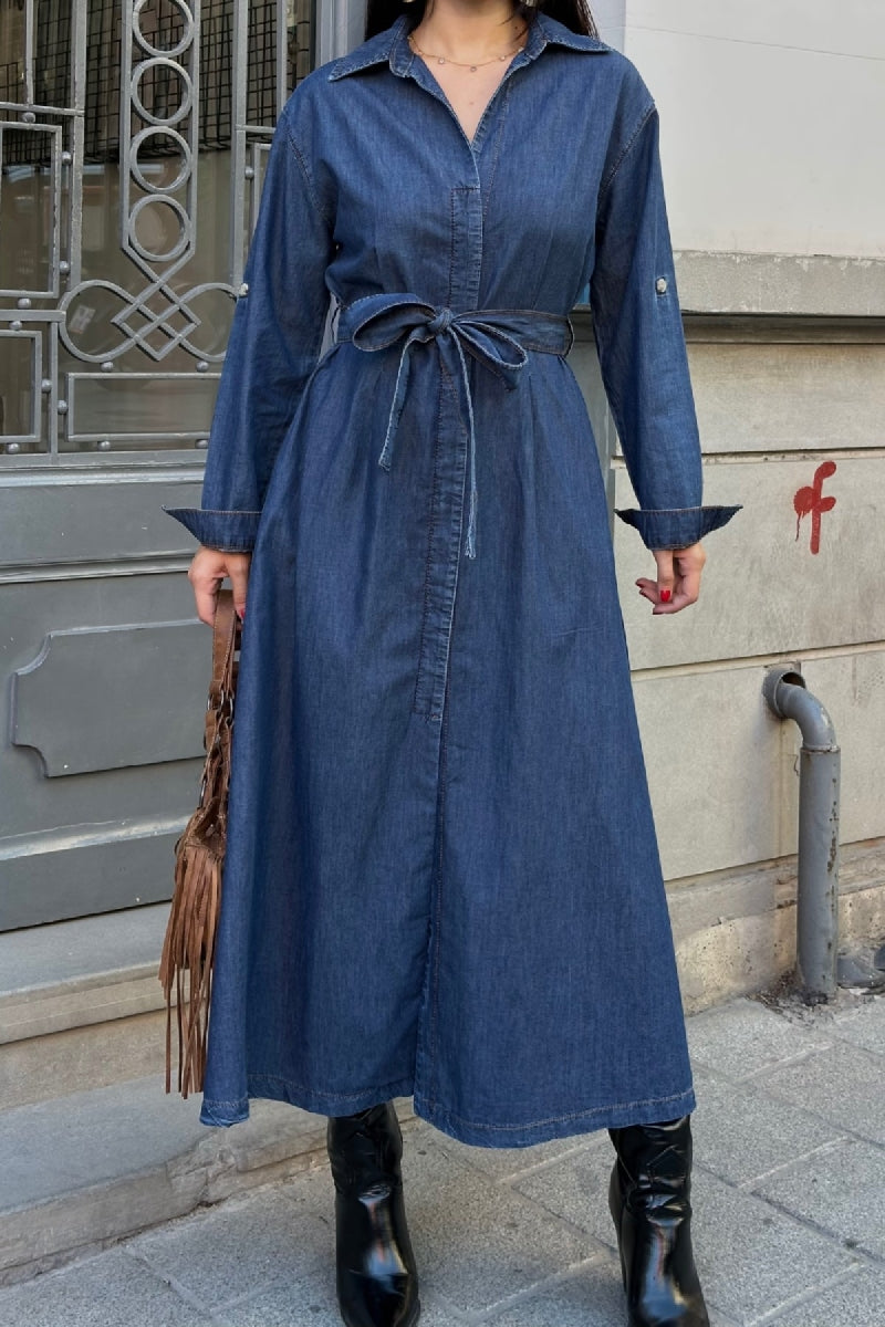 Midi Boy Elbise - Düz Koyu Rins - (S-XL) - 6