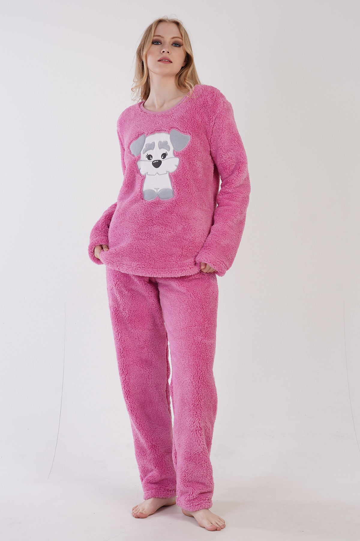 KADIN WELSOFT O YAKA UZUN KOL ETEGI OVAL CEPLI PIJAMA TAKIM - PINK