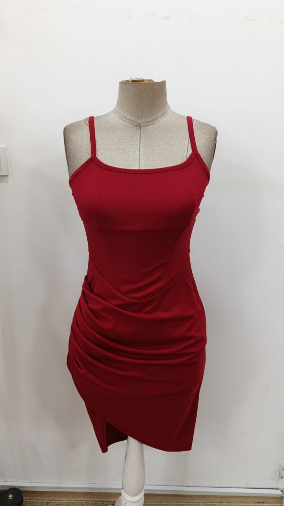 Women's Strappy Square Neck Asymmetrical Front Mini Crepe Dress, 30624