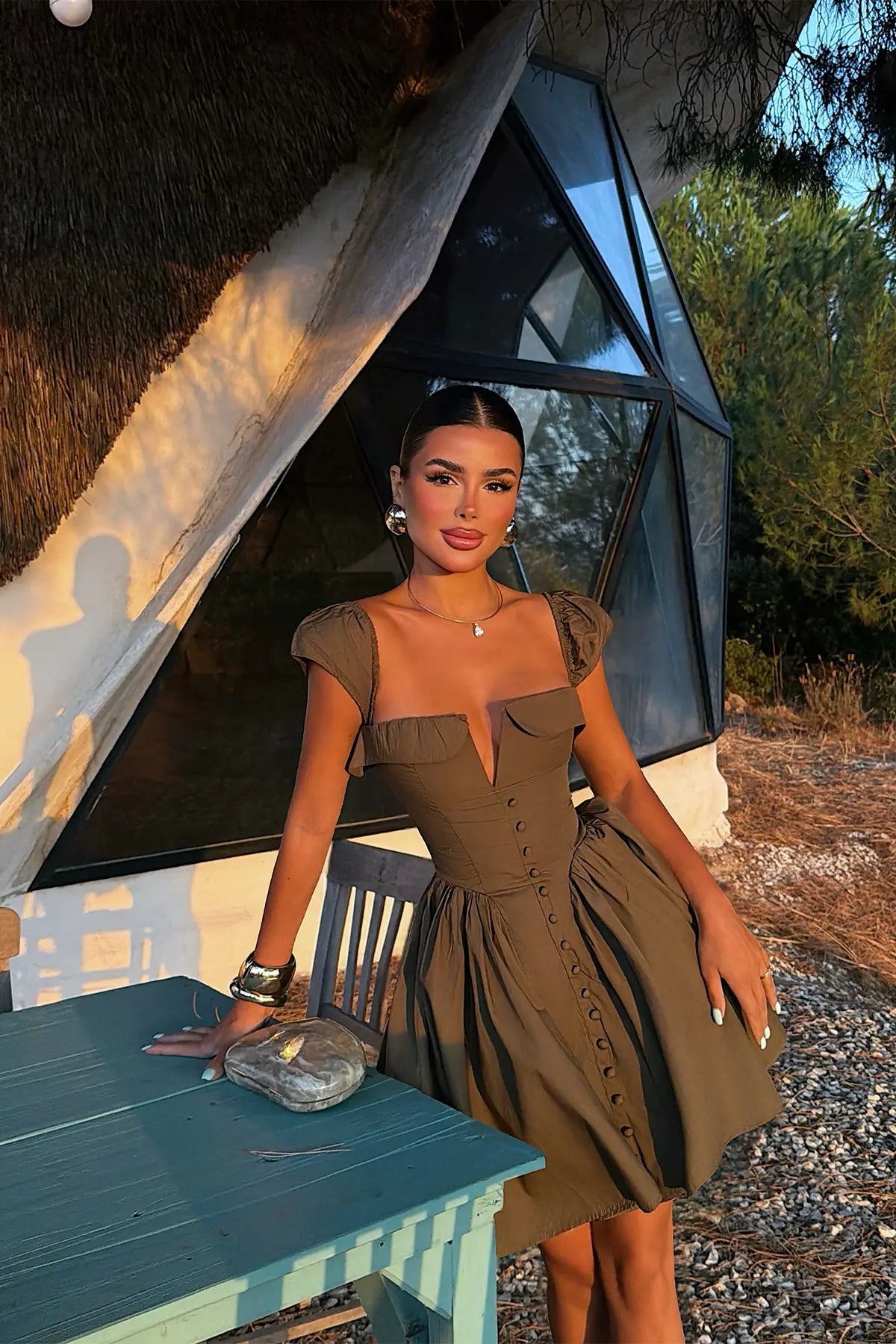 Haki Düğme Detay Mini Elbise